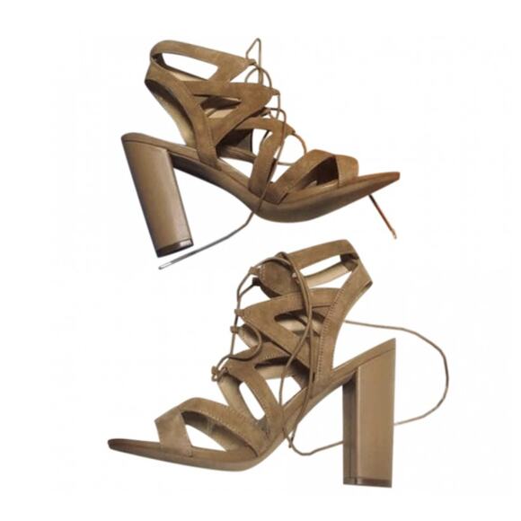 SAM EDELMAN Tan Nude Suede Strappy Leather Tie Up Strap Sandals Heels 8.5 - Picture 1 of 9